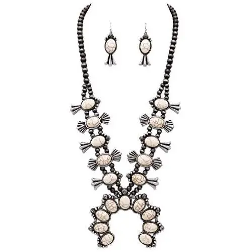 Rosemarie & Jubalee Womens Statement Western Howlite Squash Blossom Necklace Earrings Set, 27''-30'' with 3'' Extension Rosemarie & Jubalee Womens Statement Western Howlite Squash Blossom Necklace Earrings Set, 27''-30'' with 3'' Extension