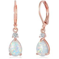 FEELDAN 14K Gold Plated Created White Opal Teardrop Lever-Back Dangle Earrings