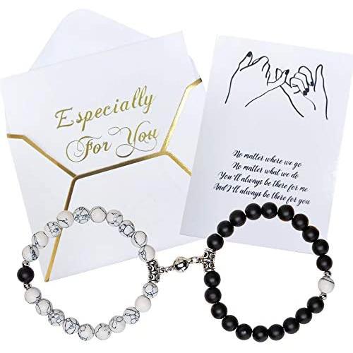 Vanjewnol 1 Pair Magnetic Couples Bracelets for Women/Men, Connecting Bracelets for Couples, Black and White Beads Matching Couple Bracelets for Him and Her, Friendship Bracelets BR02B