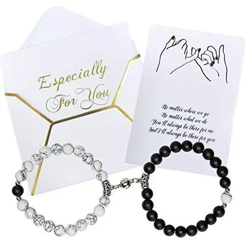 Vanjewnol 1 Pair Magnetic Couples Bracelets for Women/Men, Connecting Bracelets for Couples, Black and White Beads Matching Couple Bracelets for Him and Her, Friendship Bracelets BR02B