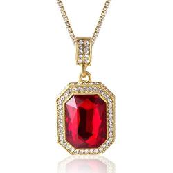 Halukakah Gold Chain for Men Iced Out,18k Real Gold Plated Ruby Pendant Necklace,Full Cz Lab Diamonds Prong Set,with Rope Chain 24''/Tennis Chain 20'',Free Giftbox