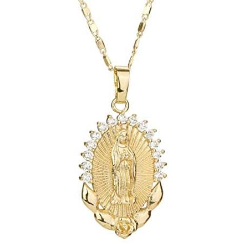 HMOOY Virgin Mary Cross Pendant Necklace, Miraculous Medal Pendant Necklace Gold Plated Catholic Christian Jesus Cross Chain Jewelry for Women Men