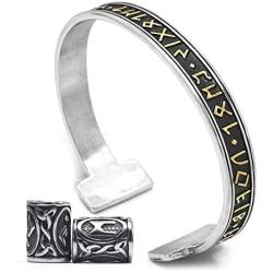 GUNGNEER Viking Mens Rune Cuff Bracelet Stainless Steel, Vikings Torc Bangle for Men, Adjustable, Bonus 2X Rune Bead & Gift Box