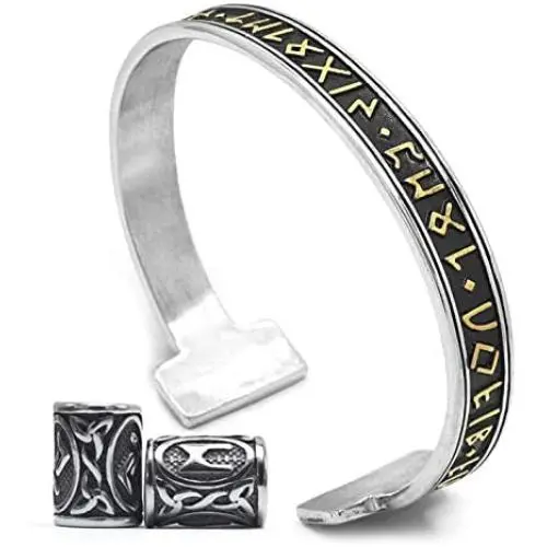GUNGNEER Viking Mens Rune Cuff Bracelet Stainless Steel, Vikings Torc Bangle for Men, Adjustable, Bonus 2X Rune Bead & Gift Box
