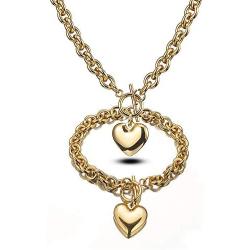 Heart Pendant Necklace and Bracelet Chain Set Gold Silver Stainless Steel Love Heart Pendant Choker Necklace with Toggle Clasp for Women Girls Gifts