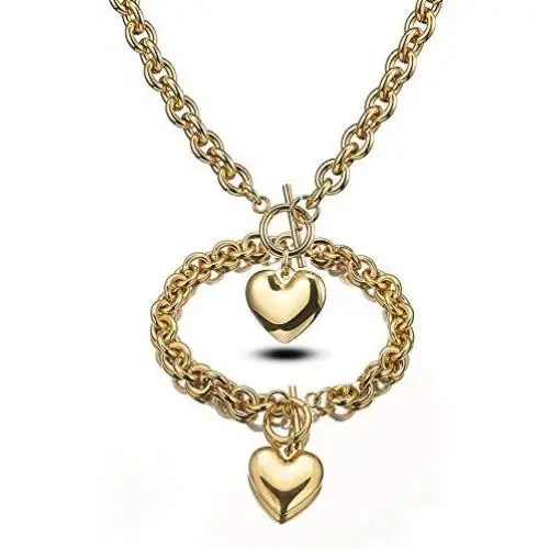 Heart Pendant Necklace and Bracelet Chain Set Gold Silver Stainless Steel Love Heart Pendant Choker Necklace with Toggle Clasp for Women Girls Gifts Heart Pendant Necklace and Bracelet Chain Set Gold Silver Stainless Steel Love Heart Pendant Choker Necklace with Toggle Clasp for Women Girls Gifts