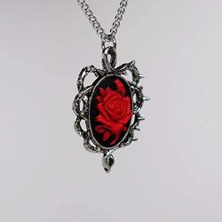 Gothic Red Rose Cameo In Thorns Pendant Necklace