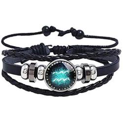 zodiac bracelet for men,Stainless Steel Personality Vintage Punk Black Leather Bracelets for Men Women