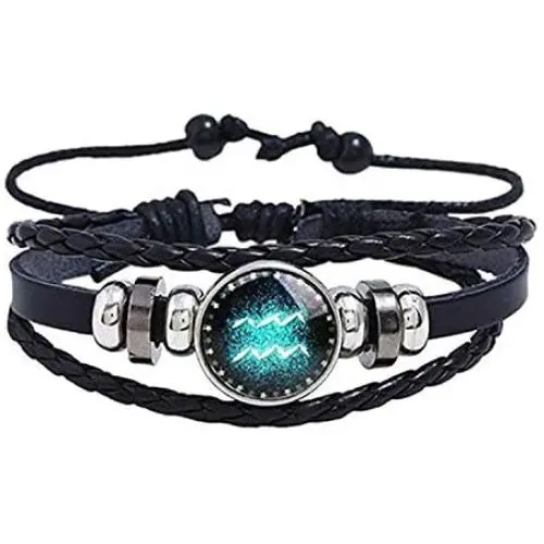 zodiac bracelet for men,Stainless Steel Personality Vintage Punk Black Leather Bracelets for Men Women zodiac bracelet for men,Stainless Steel Personality Vintage Punk Black Leather Bracelets for Men Women