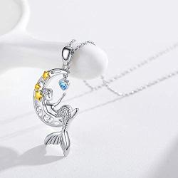 Mermaid Necklaces for Women 925 Sterling Silver Sea Mermaid Crescent Moon Star Necklace for Women ,Bule Cubic Zircon little Mermaid Jewelry for Teen Women Birthday Gift