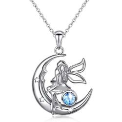 Ladytree S925 Sterling Silver Angel Baby Fairy Moon Jewelry Pendant Necklace for Women Princess Gifts,18 inches