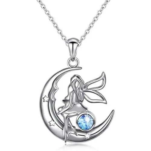 Ladytree S925 Sterling Silver Angel Baby Fairy Moon Jewelry Pendant Necklace for Women Princess Gifts,18 inches Ladytree S925 Sterling Silver Angel Baby Fairy Moon Jewelry Pendant Necklace for Women Princess Gifts,18 inches
