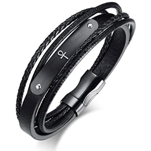 Custom Engraving Personalized Name Multi Layered Braided Wrap Leather ID Bracelet Cuff Bangle Men