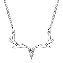Yesmini Antler Pendant Necklaces - 925 Sterling Silver Necklace with 5A Cubic Zirconia, Minimalist Style Clavicle Chain with Reindeer Charm, Slider Adjustable Necklaces for Women and Girl