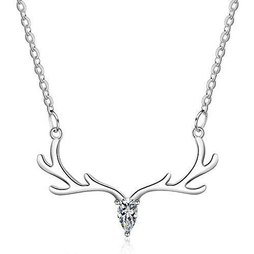 Yesmini Antler Pendant Necklaces - 925 Sterling Silver Necklace with 5A Cubic Zirconia, Minimalist Style Clavicle Chain with Reindeer Charm, Slider Adjustable Necklaces for Women and Girl