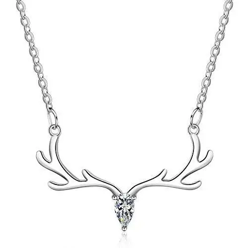 Yesmini Antler Pendant Necklaces - 925 Sterling Silver Necklace with 5A Cubic Zirconia, Minimalist Style Clavicle Chain with Reindeer Charm, Slider Adjustable Necklaces for Women and Girl Yesmini Antler Pendant Necklaces - 925 Sterling Silver Necklace with 5A Cubic Zirconia, Minimalist Style Clavicle Chain with Reindeer Charm, Slider Adjustable Necklaces for Women and Girl
