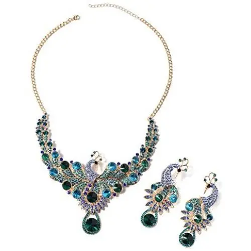 Shop LC Delivering Joy Blue Green Glass Earrings Necklace Peacock Fashion Prom Jewelry Sets for Women Size 20''
