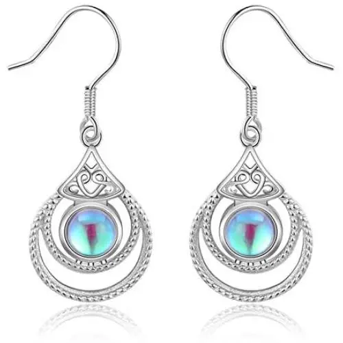 ECOLVANT Drop Earrings for Women Rainbow Moonstone Dangle Earrings Sterling Silver Earrings White Gold Plated Gemstone Hypoallergenic Earrings for Women Girls Birthday Party Fashion Silver Earrings