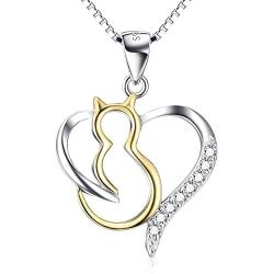 YFN Cat Necklaces 925 Sterling Silver Two-Tone Heart Jewelry, Love Heart Necklace for Women,Girls Cat Lovers