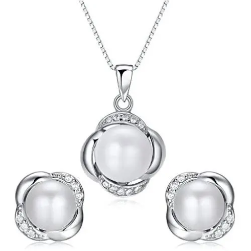 Stunning Flawless Pearl Stud Earrings & Silver Chain Pendant Set| Impeccable Quality Natural, Flawless Freshwater Pearl & 925 Sterling Silver| The Most Unique Fashion Jewelry Set (1 | White Pearls)