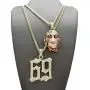 BLINGFACTORY Hip Hop Iced Gold Plated Saw Inspired & 69 Pendant & 3mm 20'' 24'' Cuban Chain Necklace Set BLINGFACTORY Hip Hop Iced Gold Plated Saw Inspired & 69 Pendant & 3mm 20'' 24'' Cuban Chain Necklace Set