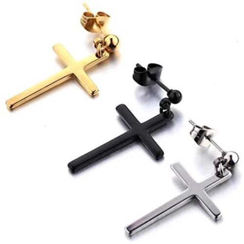 WEILYDF 3 Pairs Stainless Steel Earrings Cross Dangle Studs Earrings piercing Jewelry For Men and Women (silver+black+gold)