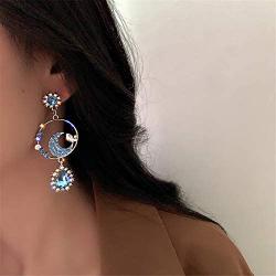 YUNXI Blue star Sun Moon Asymmetrical Crystal Drop Earrings Bohemian Tassel Design Dangle Earring Fashion Retro Stud Earrings for Women Girl Fashion Jewelry