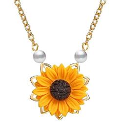 krun Sunflower Pendant Necklace Pearl Leaf Chain Resin Boho Handmade Drop Choker Necklace for Women Girls