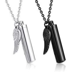 sailimue 2Pcs Cylinder Cremation Urn Necklace for Ashes Memorial Keepsake Pendant with Angel Wing Charm Necklace Stainless Steel Cremation Jewelry