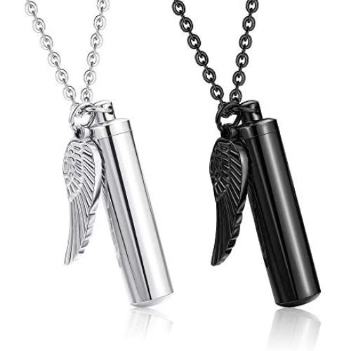 sailimue 2Pcs Cylinder Cremation Urn Necklace for Ashes Memorial Keepsake Pendant with Angel Wing Charm Necklace Stainless Steel Cremation Jewelry