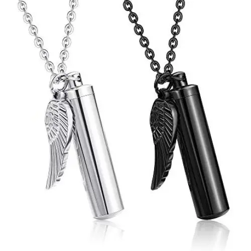 sailimue 2Pcs Cylinder Cremation Urn Necklace for Ashes Memorial Keepsake Pendant with Angel Wing Charm Necklace Stainless Steel Cremation Jewelry sailimue 2Pcs Cylinder Cremation Urn Necklace for Ashes Memorial Keepsake Pendant with Angel Wing Charm Necklace Stainless Steel Cremation Jewelry