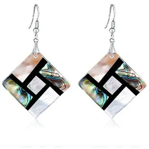 FM FM42 Womens Shell Rhombus Square Rectangle Teardrop Oval Shape Charm Drop Hook Earrings Pendant Necklace Jewelry Set