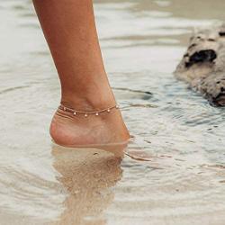 WEARON Dainty Gold Link Chain Anklet Women 14K Gold Plated Cute Charm Blue Evil Eye Cubic Zirconia Pearl Coin Chain Anklet Double Layer Chain Boho Beach Anklet Personalized Friendship Gifts