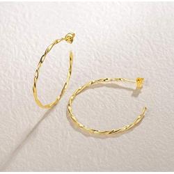 FANCIME Yellow Gold Plated 925 Sterling Silver Large Big Twisted Open Half Hoop Earrings Dainty Fine Jewelry Gifts for Women, 35 mm