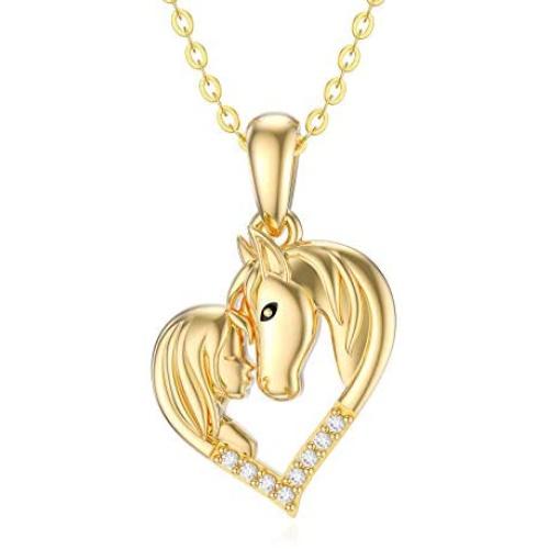 14K Solid Gold Horse Necklace for Women, Real Gold Horse and Girl Heart-shape Pendant Love Jewelry Gifts for Girls, Teens, 16-18 Inch