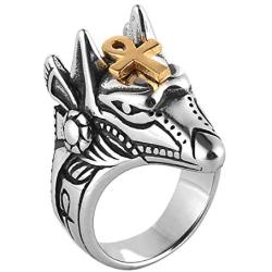 HZMAN Mens Egyptian God Anubis Gold Ankh Cross Ring Stainless Steel Biker Band