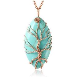 Top Plaza Vintage Copper Tree of Life Wire Wrapped Horse Eye Shape Natural Gemstone Pendant Necklace Chakra Reiki Healing Crystal Jewelry for Women - Synthetic Green Turquoise