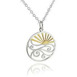 Sterling Silver Ocean Waves at Sunset Pendant Necklace, 18k Yellow Gold Plated Sun, 18'' Chain