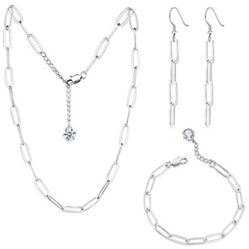 GEMOSA Paperclip Chain Necklace for Women PVD Gold Plating Stainless Steel Diamond 5A+ Cubic Zirconia CZ Thin Link Adjustable Choker and Bracelet Earrings Set Handmade Jewelry Girls Gift