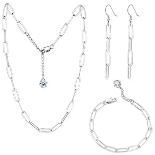 GEMOSA Paperclip Chain Necklace for Women PVD Gold Plating Stainless Steel Diamond 5A+ Cubic Zirconia CZ Thin Link Adjustable Choker and Bracelet Earrings Set Handmade Jewelry Girls Gift GEMOSA Paperclip Chain Necklace for Women PVD Gold Plating Stainless Steel Diamond 5A+ Cubic Zirconia CZ Thin Link Adjustable Choker and Bracelet Earrings Set Handmade Jewelry Girls Gift