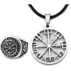 DUTO Set Vegvisir Rune Ring & Viking Compass Necklace Adjustable Cord Chain Pagan Jewelry Protection for Mens Womens