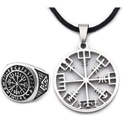 DUTO Set Vegvisir Rune Ring & Viking Compass Necklace Adjustable Cord Chain Pagan Jewelry Protection for Mens Womens