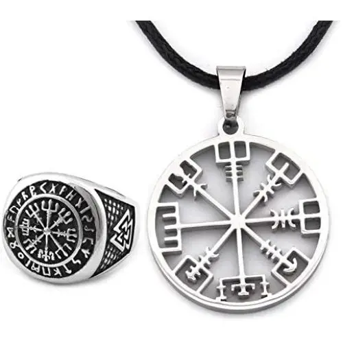DUTO Set Vegvisir Rune Ring & Viking Compass Necklace Adjustable Cord Chain Pagan Jewelry Protection for Mens Womens DUTO Set Vegvisir Rune Ring & Viking Compass Necklace Adjustable Cord Chain Pagan Jewelry Protection for Mens Womens