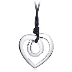 Heart Shape Long Pendant Necklace Silver Plated Black PU Leather Rope Long Chain Necklace for Women Teens Girl by Welbijoux