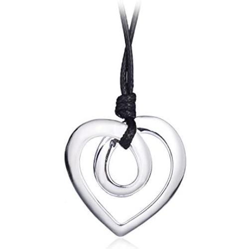 Heart Shape Long Pendant Necklace Silver Plated Black PU Leather Rope Long Chain Necklace for Women Teens Girl by Welbijoux
