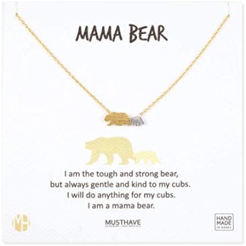 MUSTHAVE Mama Bear 18K Gold Plated Necklace with Message Card, Two Tone Yellow and White Color, Anchor Chain, Best Gift Necklace, Size 16 inch + 2 inch Extender, Mama Bear Pendant, Gift Card