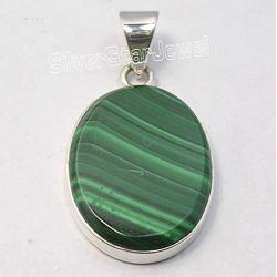 SilverStarJewel 925 Sterling Silver Natural 15 x 20 mm Malachite Pendant 1.2'' Art Gemstone