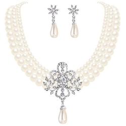 EleQueen Womens Silver-Tone Ivory Simulated Pearls Crystal Victorian Style Statement Necklace Earrings Bridal Wedding Sets