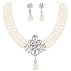 EleQueen Womens Silver-Tone Ivory Simulated Pearls Crystal Victorian Style Statement Necklace Earrings Bridal Wedding Sets