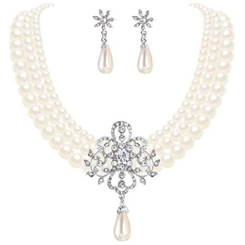 EleQueen Womens Silver-Tone Ivory Simulated Pearls Crystal Victorian Style Statement Necklace Earrings Bridal Wedding Sets